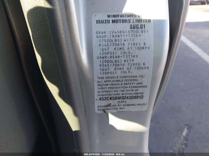 2002 Isuzu Rodeo Ls 3.2L V6/Lse 3.2L V6/S 3.2L V6 VIN: 4S2CK58W024304913 Lot: 43781938