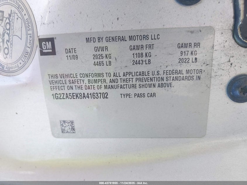 2010 Pontiac G6 VIN: 1G2ZA5EK8A4163702 Lot: 43781955