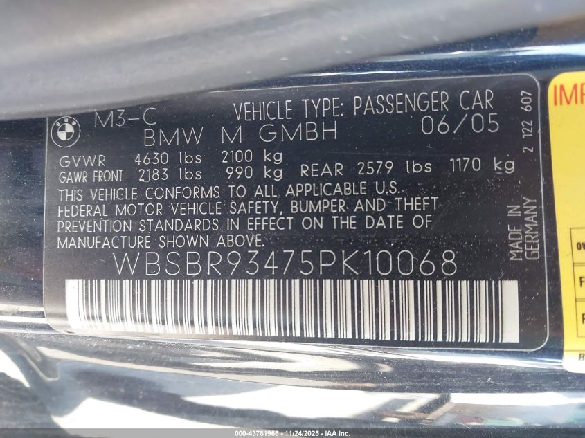 2005 BMW M3 VIN: WBSBR93475PK10068 Lot: 43781966