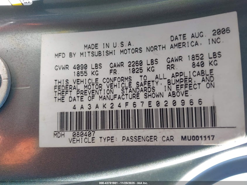 4A3AK24F67E020966 2007 MITSUBISHI ECLIPSE photo no. 9