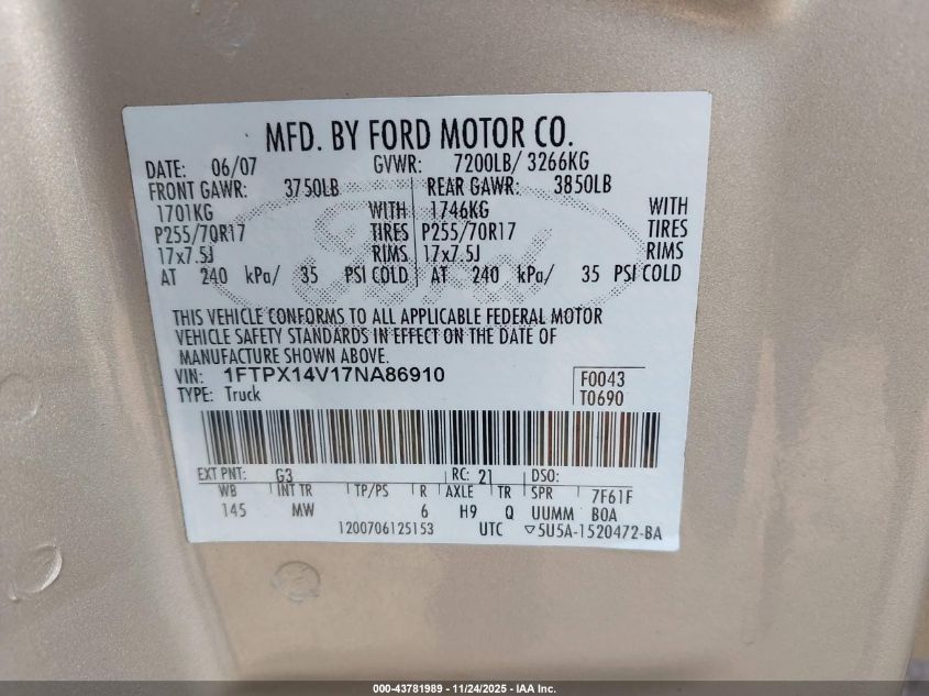 2007 Ford F-150 Fx4/Lariat/Xl/Xlt VIN: 1FTPX14V17NA86910 Lot: 43781989