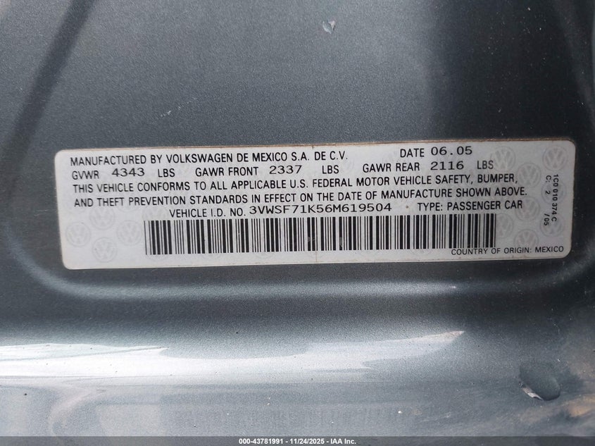 2006 Volkswagen Jetta 2.5 VIN: 3VWSF71K56M619504 Lot: 43781991