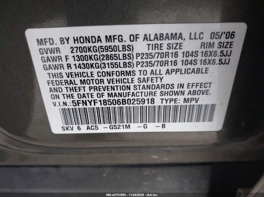 2006 Honda Pilot Ex-L VIN: 5FNYF18506B025918 Lot: 43781995