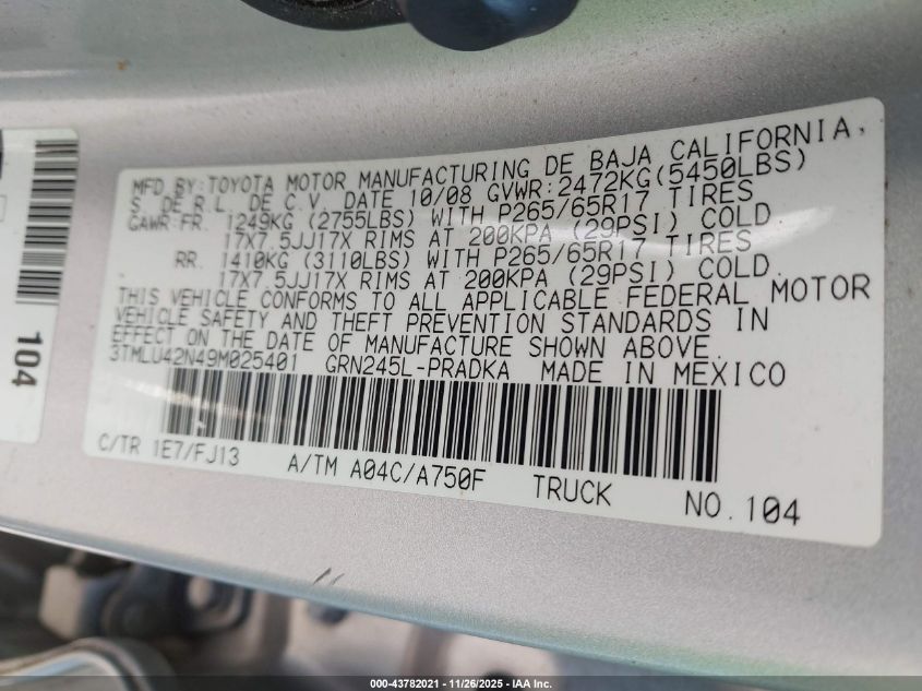 2009 Toyota Tacoma Base V6 VIN: 3TMLU42N49M025401 Lot: 43782021
