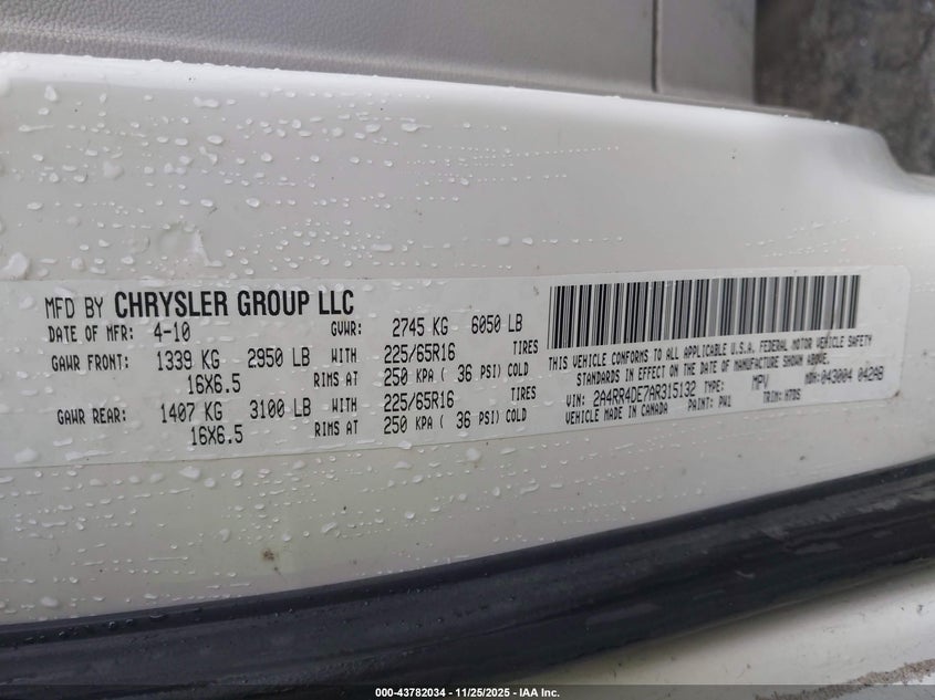 2010 Chrysler Town & Country Lx VIN: 2A4RR4DE7AR315132 Lot: 43782034