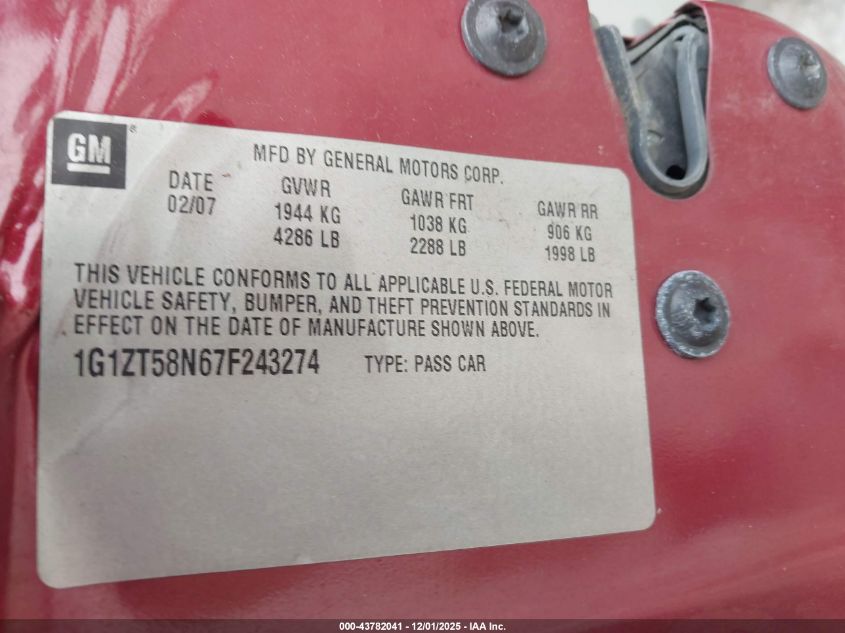 2007 Chevrolet Malibu Lt VIN: 1G1ZT58N67F243274 Lot: 43782041