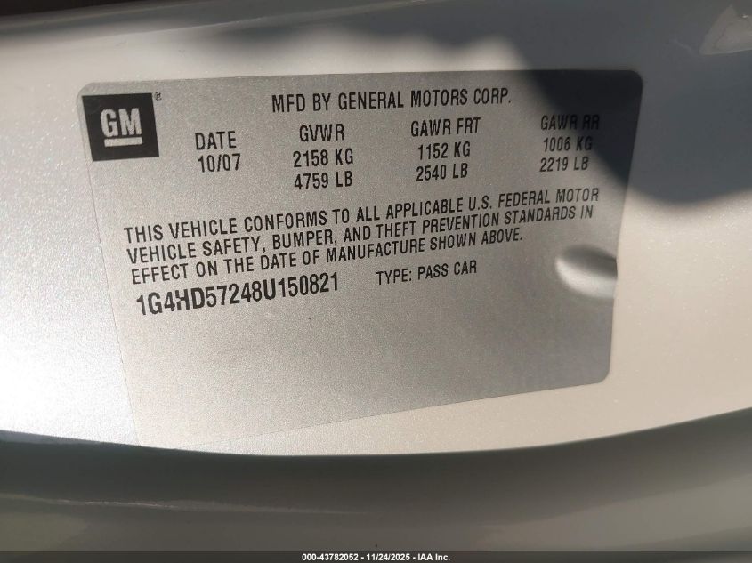 2008 Buick Lucerne Cxl VIN: 1G4HD57248U150821 Lot: 43782052