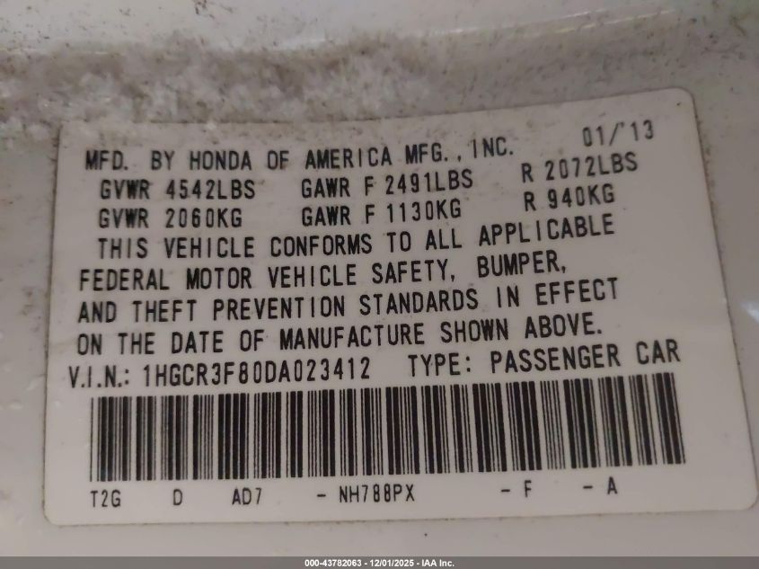 2013 Honda Accord Ex-L V-6 VIN: 1HGCR3F80DA023412 Lot: 43782063