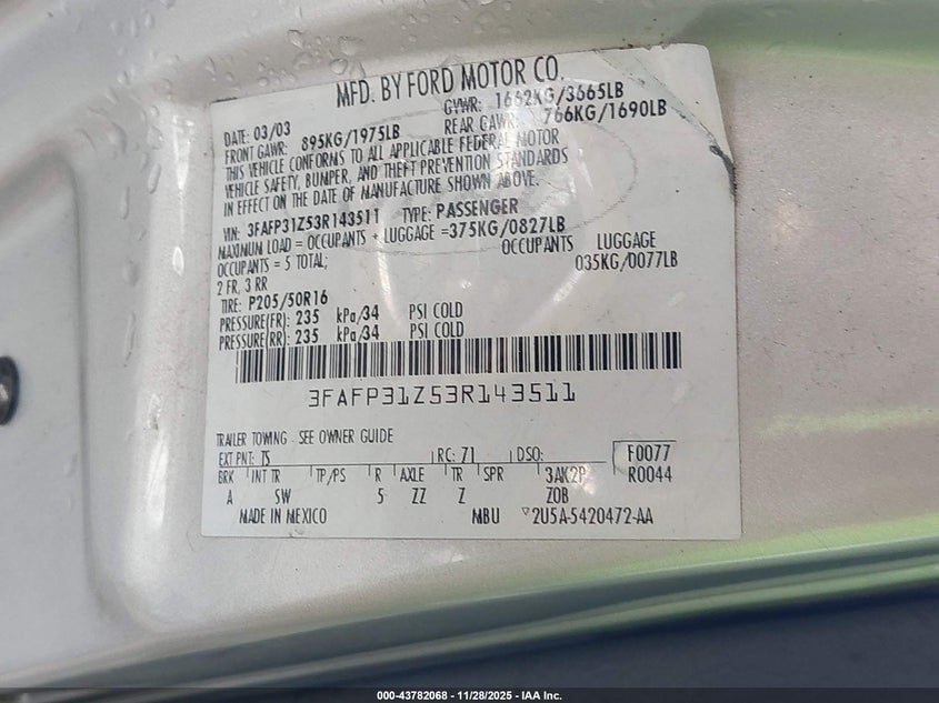 2003 Ford Focus Zx3 VIN: 3FAFP31Z53R143511 Lot: 43782068