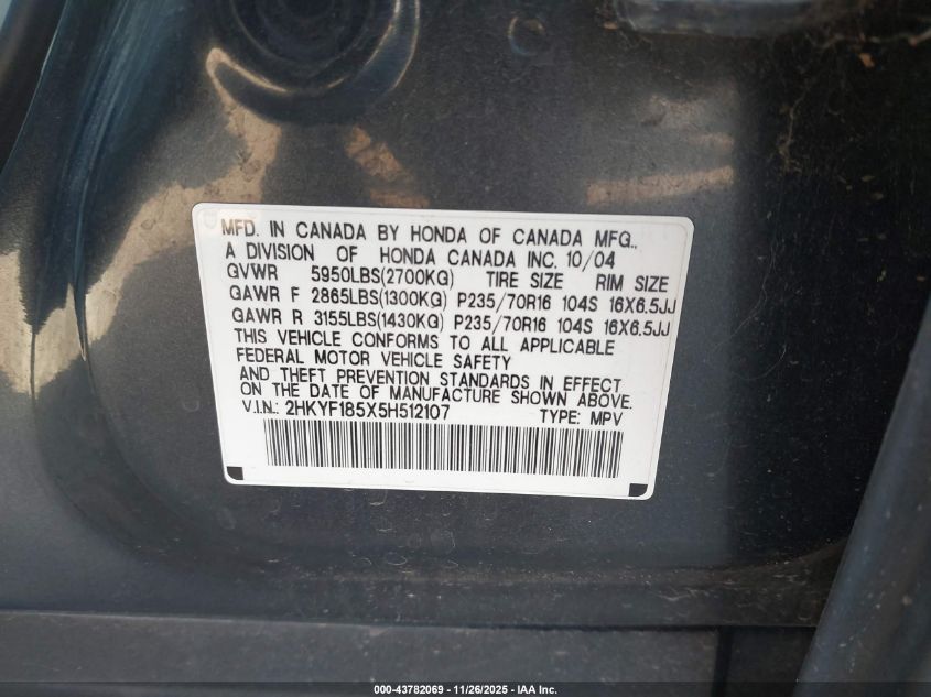 2005 Honda Pilot Ex-L VIN: 2HKYF185X5H512107 Lot: 43782069