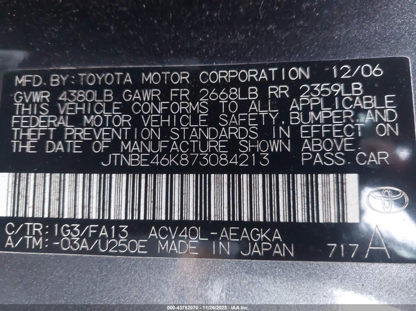 2007 Toyota Camry Xle VIN: JTNBE46K873084213 Lot: 43782070