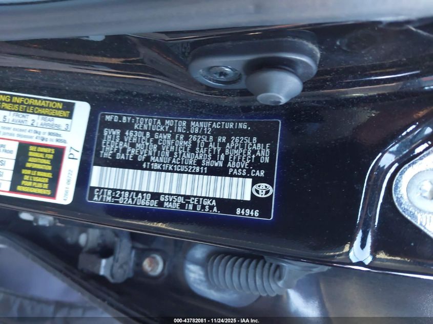 2012 Toyota Camry Xle V6 VIN: 4T1BK1FK1CU522811 Lot: 43782081