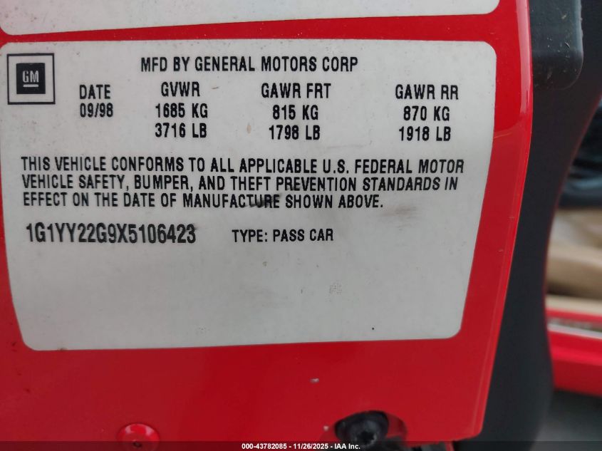 1999 Chevrolet Corvette VIN: 1G1YY22G9X5106423 Lot: 43782085