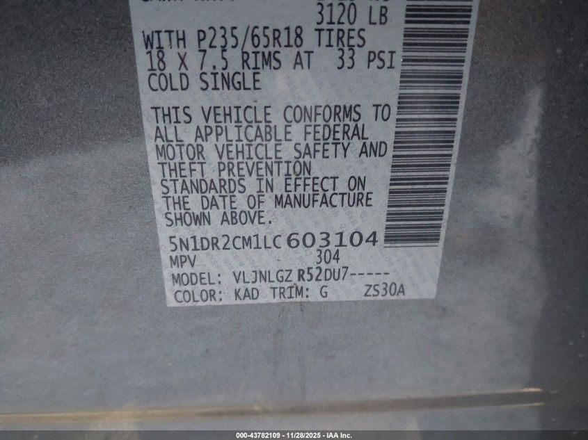 2020 Nissan Pathfinder Sl 4Wd VIN: 5N1DR2CM1LC603104 Lot: 43782109