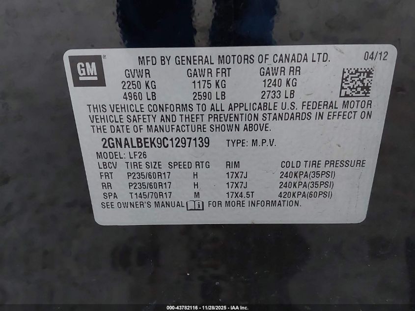 2012 Chevrolet Equinox Ls VIN: 2GNALBEK9C1297139 Lot: 43782116