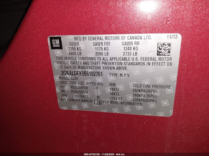 2014 Chevrolet Equinox Ltz VIN: 2GNALDEK8E6182761 Lot: 43782126