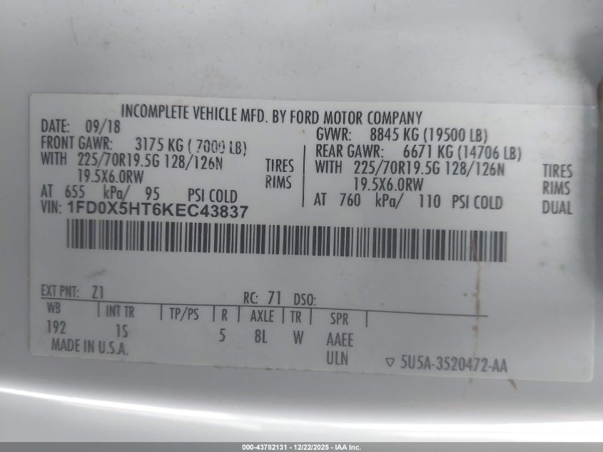 2019 Ford F-550 Chassis Xl VIN: 1FD0X5HT6KEC43837 Lot: 43782131