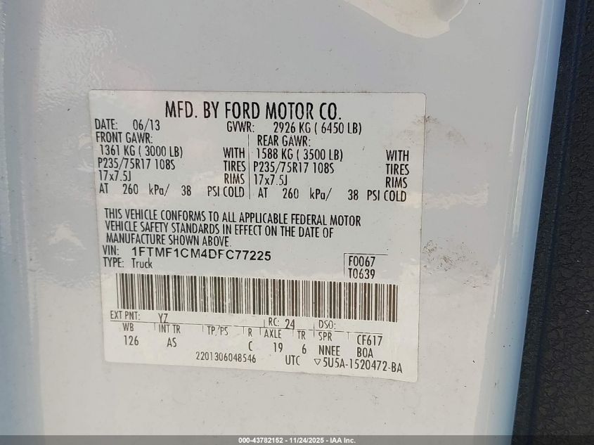 2013 Ford F-150 Xl VIN: 1FTMF1CM4DFC77225 Lot: 43782152