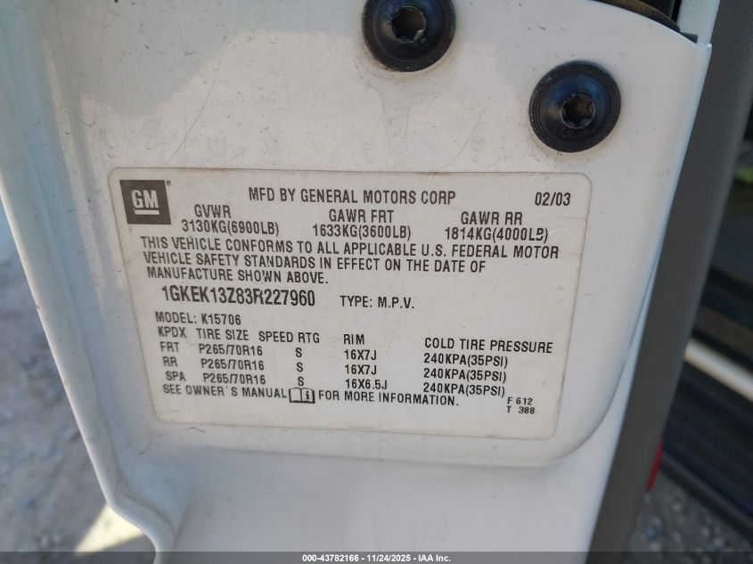 2003 GMC Yukon Slt VIN: 1GKEK13Z83R227960 Lot: 43782166