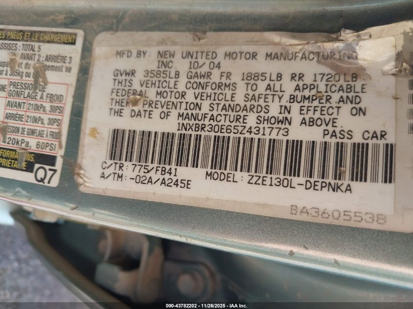 2005 Toyota Corolla Le VIN: 1NXBR30E65Z431773 Lot: 43782202