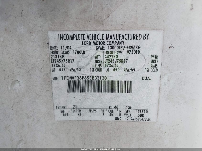 2005 Ford F-350 Xl/Xlt VIN: 1FDWF36P65EB33138 Lot: 43782207