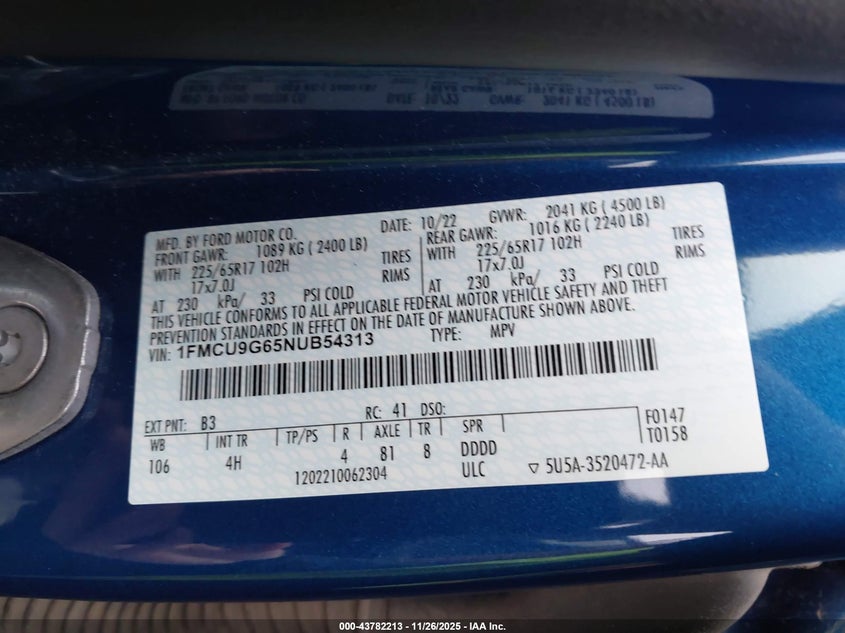 2022 Ford Escape Se VIN: 1FMCU9G65NUB54313 Lot: 43782213