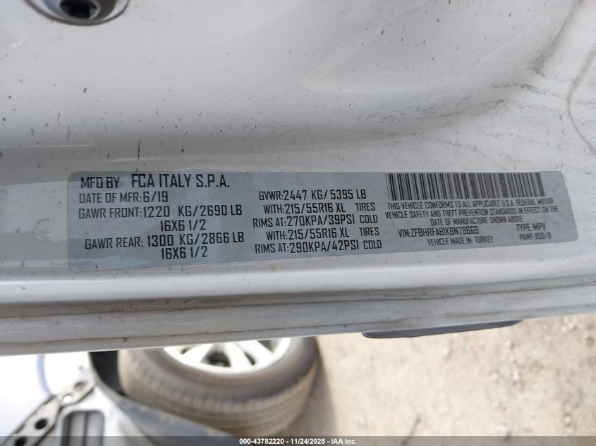 2019 Ram Promaster City Tradesman VIN: ZFBHRFAB1K6N78669 Lot: 43782220