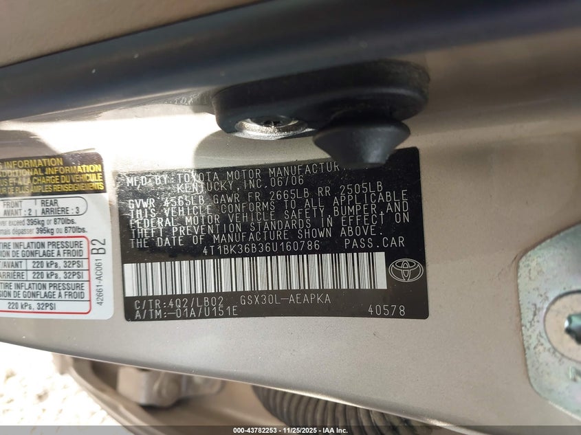 2006 Toyota Avalon Limited VIN: 4T1BK36B36U160786 Lot: 43782253