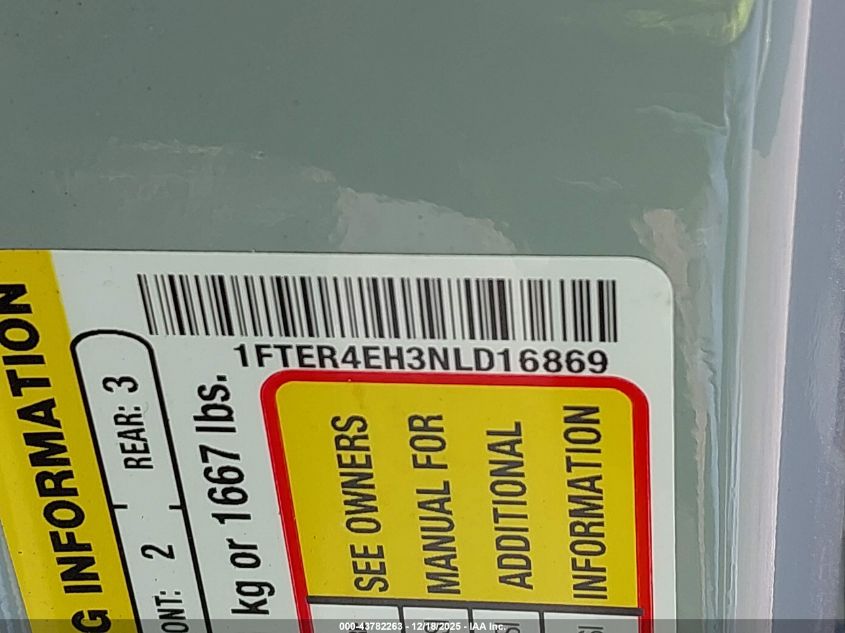 2022 Ford Ranger Lariat VIN: 1FTER4EH3NLD16869 Lot: 43782263