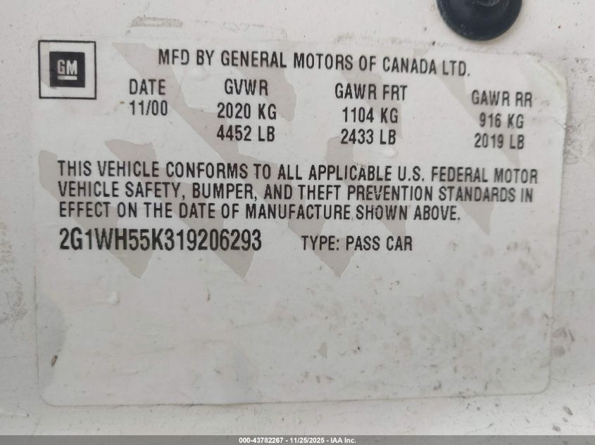 2001 Chevrolet Impala Ls VIN: 2G1WH55K319206293 Lot: 43782267