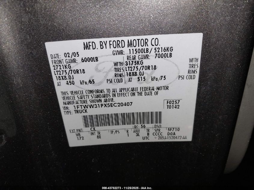 2005 Ford F-350 Lariat/Xl/Xlt VIN: 1FTWW31PX5EC20407 Lot: 43782273