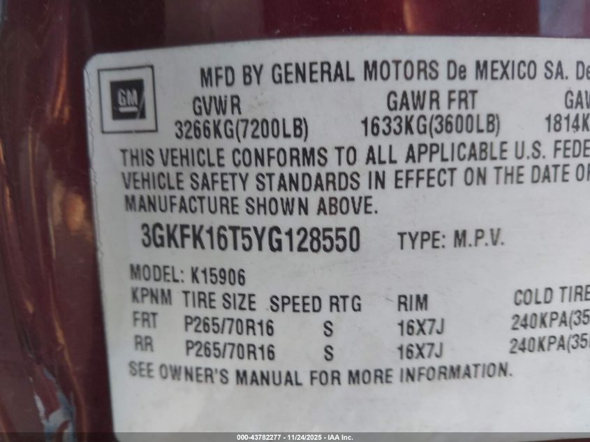 2000 GMC Yukon Xl 1500 Slt VIN: 3GKFK16T5YG128550 Lot: 43782277