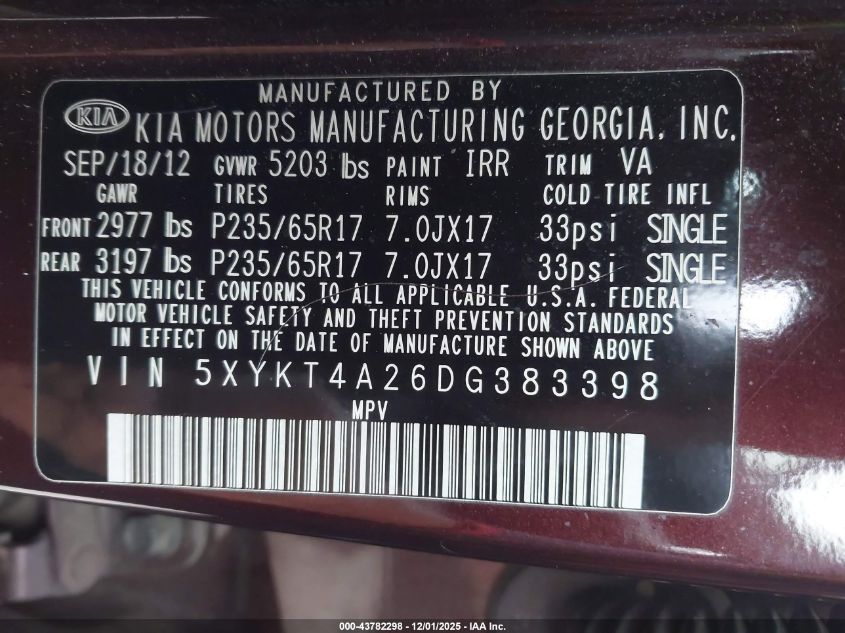 2013 Kia Sorento Lx V6 VIN: 5XYKT4A26DG383398 Lot: 43782298