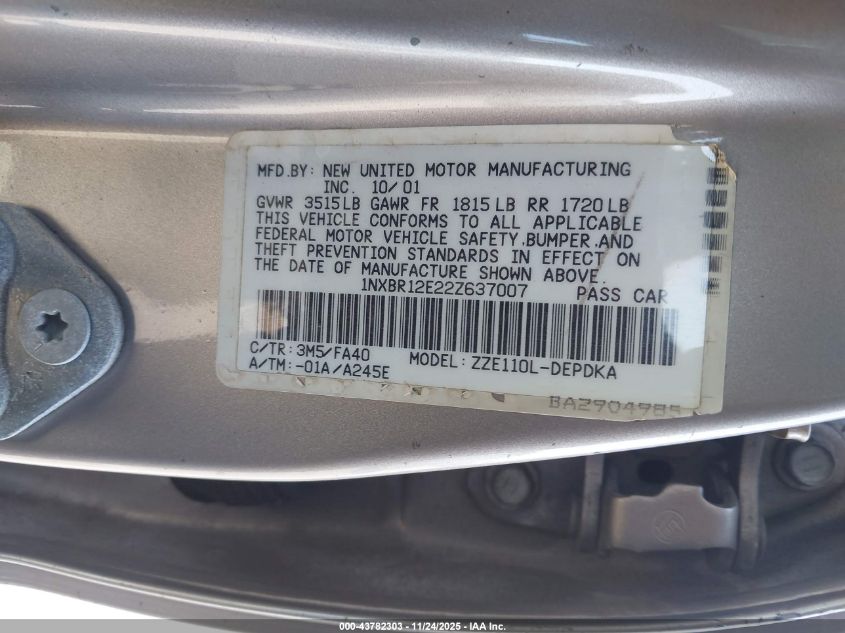 2002 Toyota Corolla Le VIN: 1NXBR12E22Z637007 Lot: 43782303