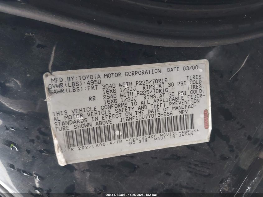 2000 Lexus Rx 300 VIN: JT6HF10U7Y0136686 Lot: 43782306