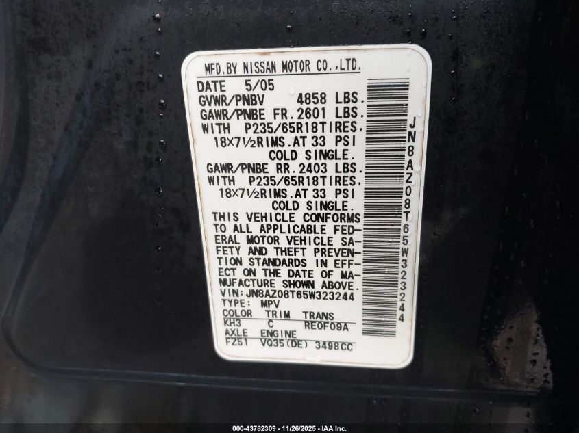 2005 Nissan Murano S VIN: JN8AZ08T65W323244 Lot: 43782309