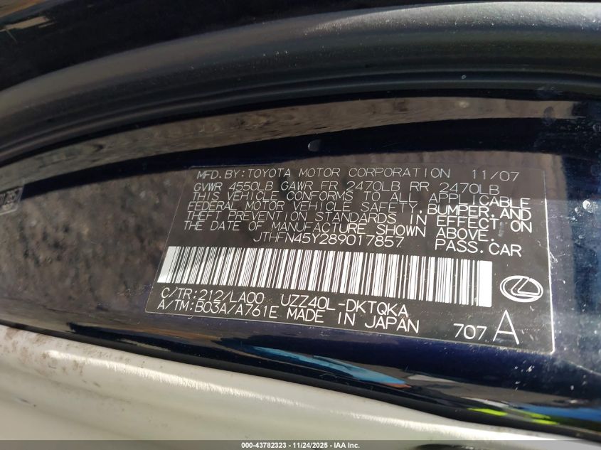 2008 Lexus Sc 430 VIN: JTHFN45Y289017857 Lot: 43782323