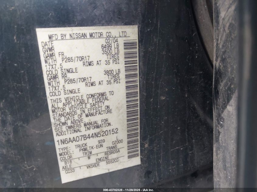 2004 Nissan Titan Se VIN: 1N6AA07B44N520152 Lot: 43782328