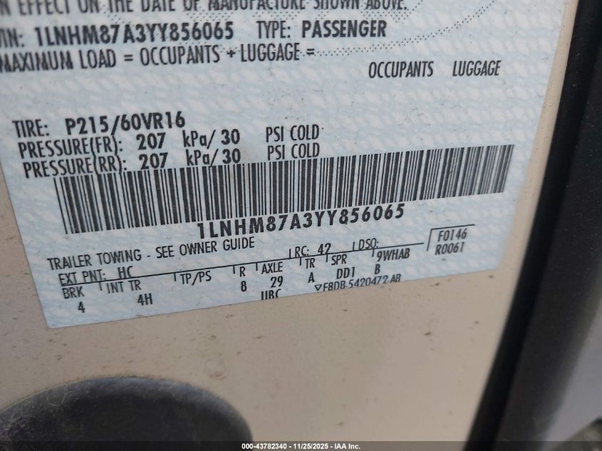 2000 Lincoln Ls V8 Auto VIN: 1LNHM87A3YY856065 Lot: 43782340