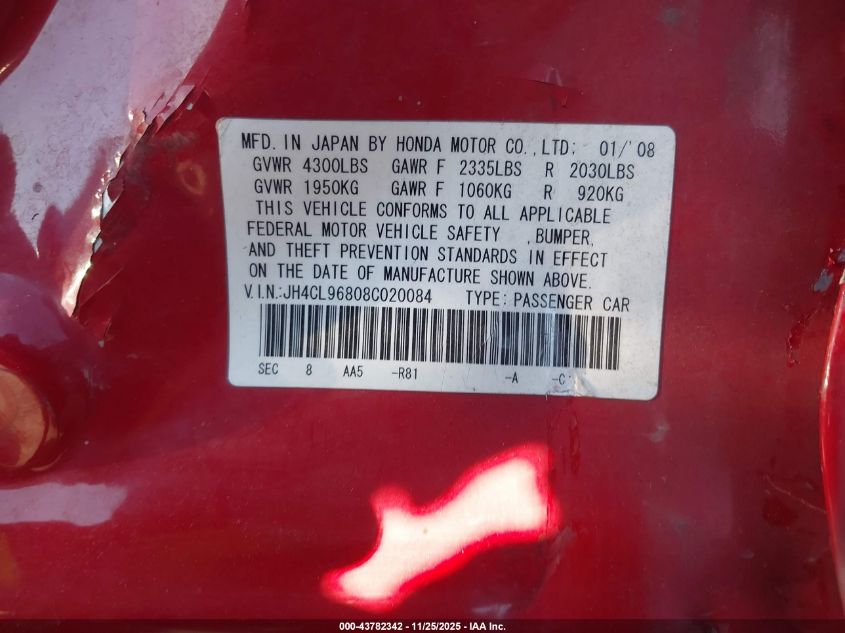 2008 Acura Tsx VIN: JH4CL96808C020084 Lot: 43782342