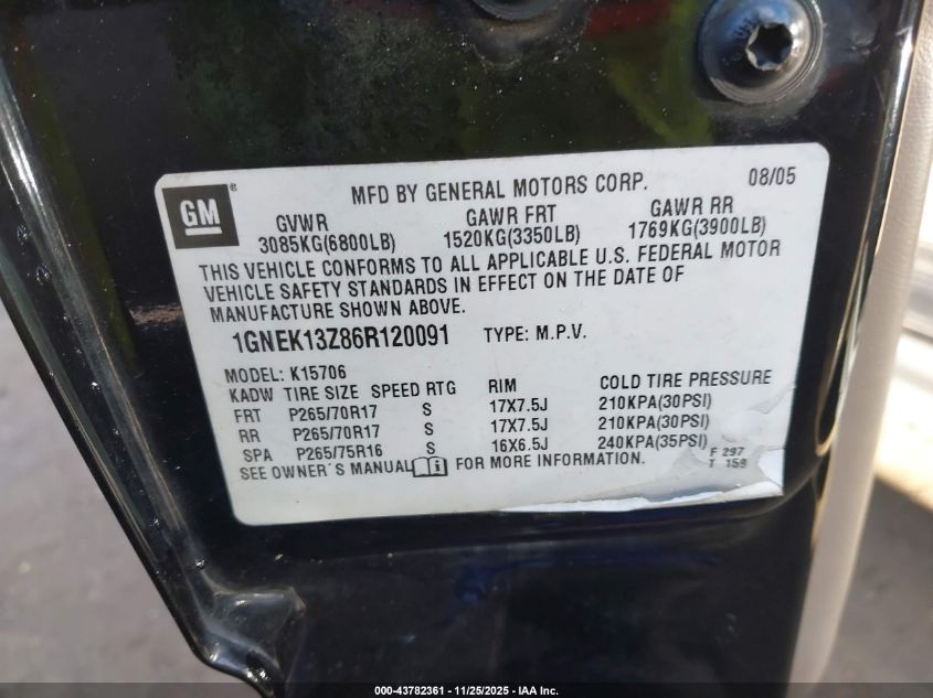 2006 Chevrolet Tahoe Z71 VIN: 1GNEK13Z86R120091 Lot: 43782361