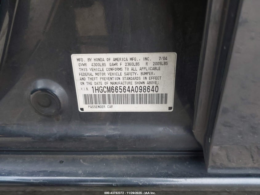 1HGCM66564A098640 2004 HONDA ACCORD photo no. 9