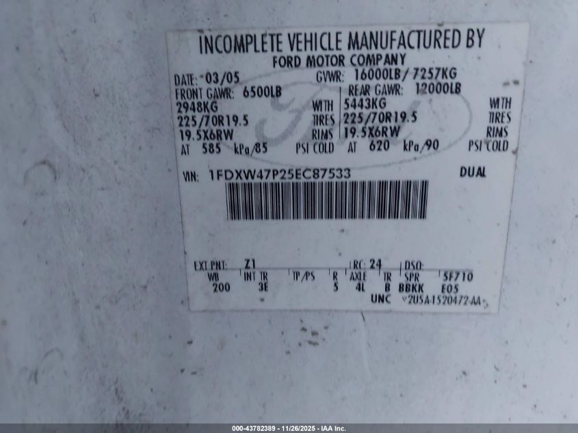 2005 Ford F-450 Lariat/Xl/Xlt VIN: 1FDXW47P25EC87533 Lot: 43782389