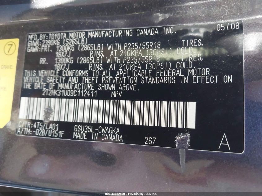 2009 Lexus Rx 350 VIN: 2T2HK31U09C112411 Lot: 43782400