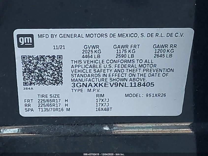 2022 Chevrolet Equinox Fwd Lt VIN: 3GNAXKEV9NL118405 Lot: 43782419