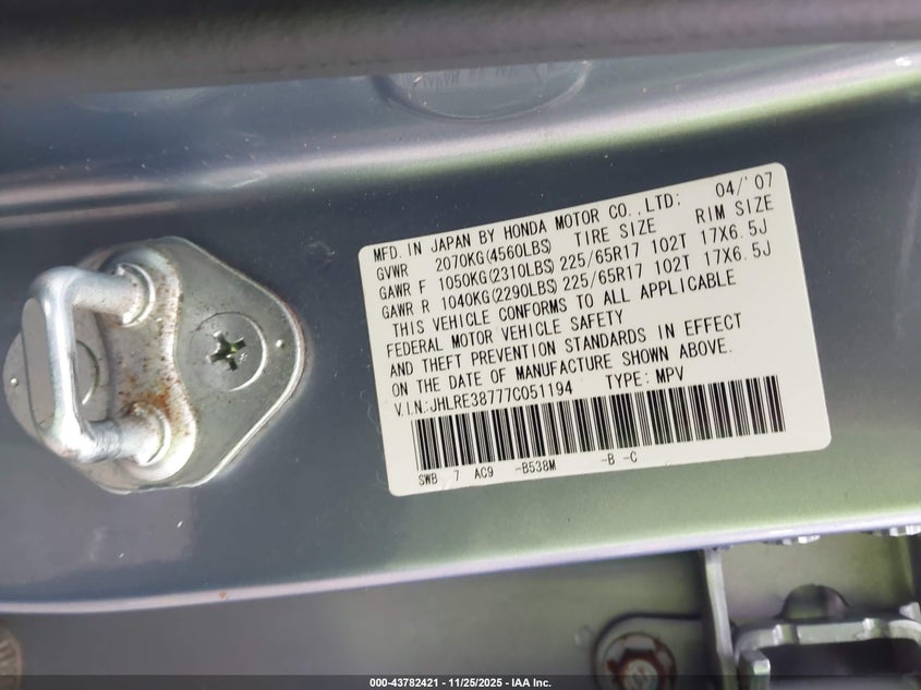 2007 Honda Cr-V Ex-L VIN: JHLRE38777C051194 Lot: 43782421