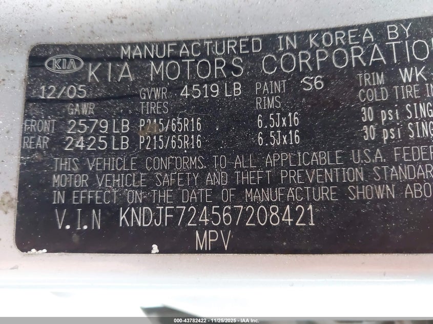 2006 Kia Sportage Lx VIN: KNDJF724567208421 Lot: 43782422