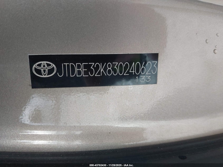 2003 Toyota Camry Le VIN: JTDBE32K830240623 Lot: 43782430