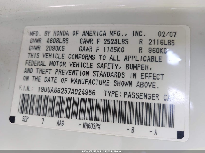 2007 Acura Tl 3.2 VIN: 19UUA66257A024956 Lot: 43782452