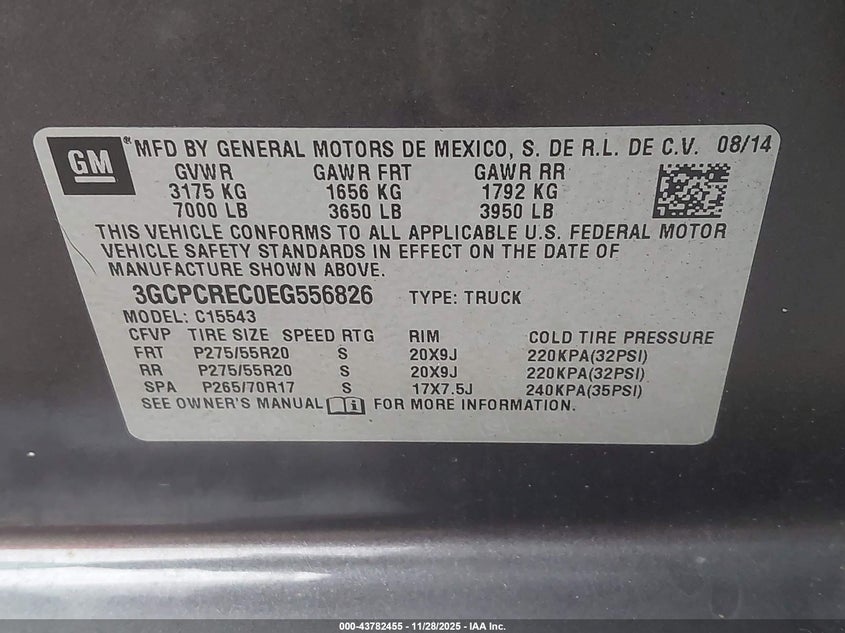 2014 Chevrolet Silverado 1500 1Lt VIN: 3GCPCREC0EG556826 Lot: 43782455